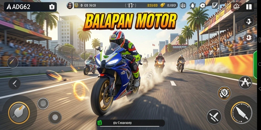 Screenshot gameplay ADG62 menampilkan balapan motor yang mendebarkan dan grafis yang menawan.
