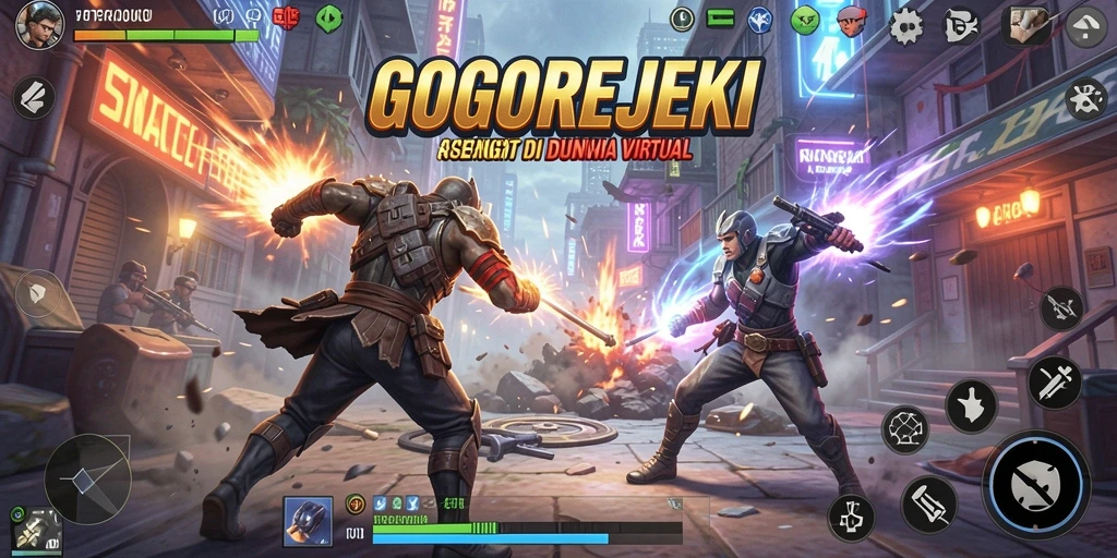 Tampilan gameplay GOGOREJEKI dengan pertarungan seru dan karakter unik.