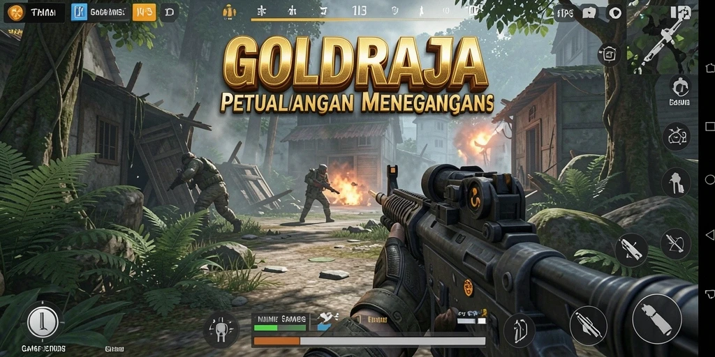 Screenshot gameplay GOLDRAJA menampilkan aksi menembak yang intens dan strategis.