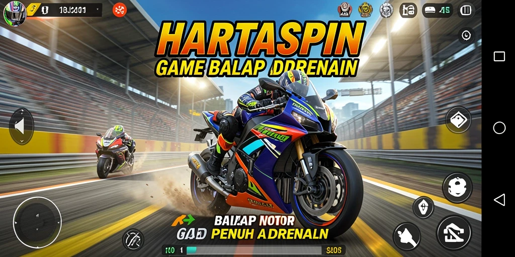 Tampilan gameplay seru HARTASPIN dengan balapan motor yang mendebarkan.