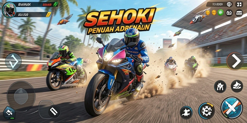 Tangkapan layar gameplay SEHOKI yang penuh aksi dan kecepatan balapan motor.