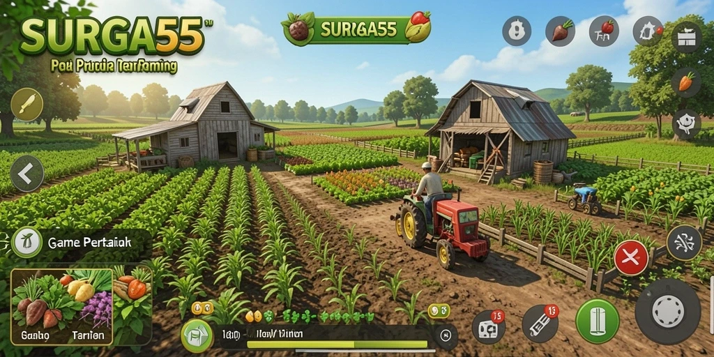 Tampilan gameplay SURGA55 dengan berbagai tanaman dan lahan pertanian.