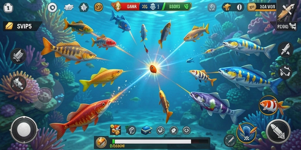 Screenshot gameplay SVIP5 menunjukkan aksi menembak ikan yang seru.